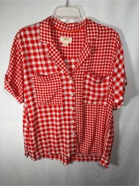 Maeve by Anthropologie Mixed Houndstooth Gingham Button Down Shirt Orange Red M